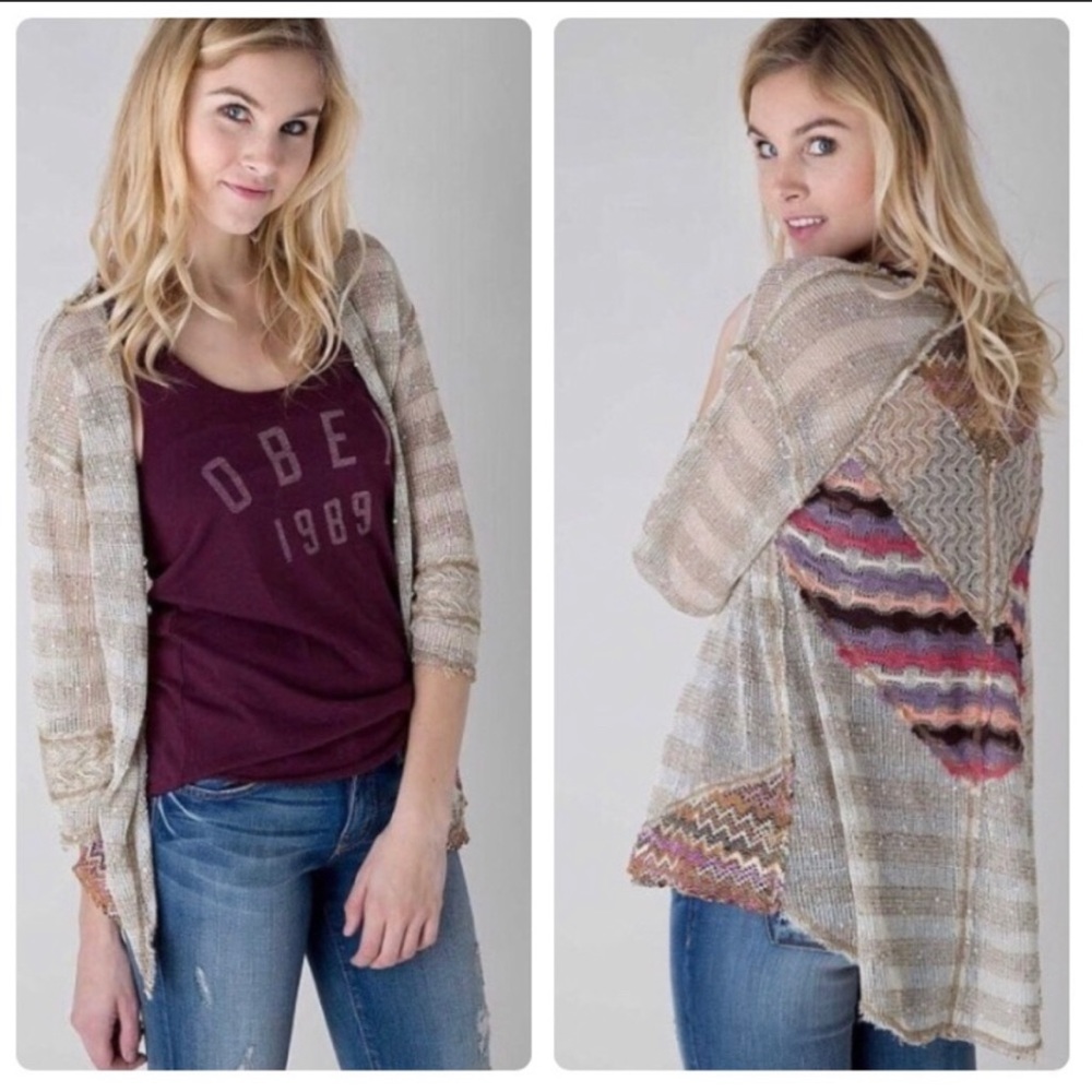 BKE Boho Sequin Tan/Multi Colored Cardigan Sweater